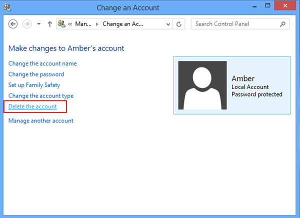 Delete account windows 8